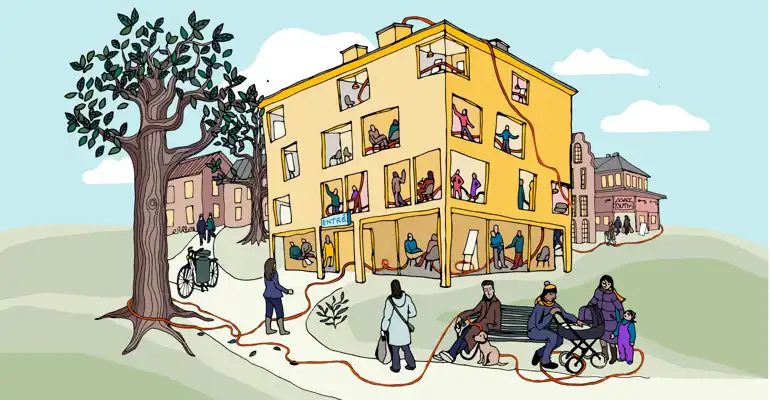 Illustration: Höghus med människor i och utanför. Genom fönster och dörrar går en röd tråd. 